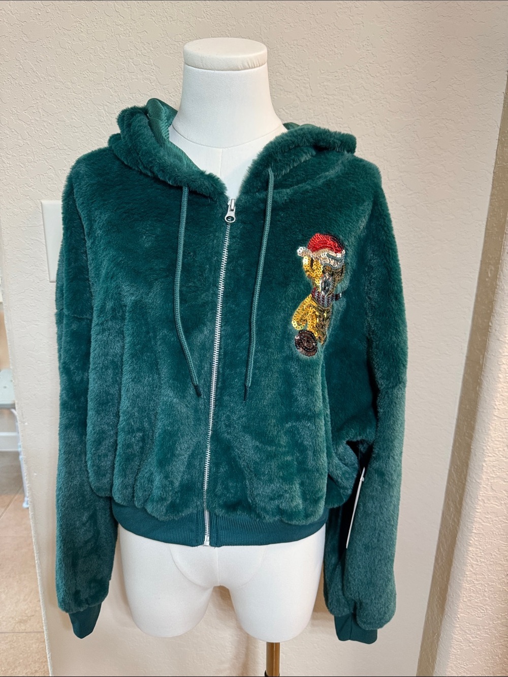 No Boundaries Plush Hooded Zip Jacket in Green with Holiday Bear Sequin Patch
